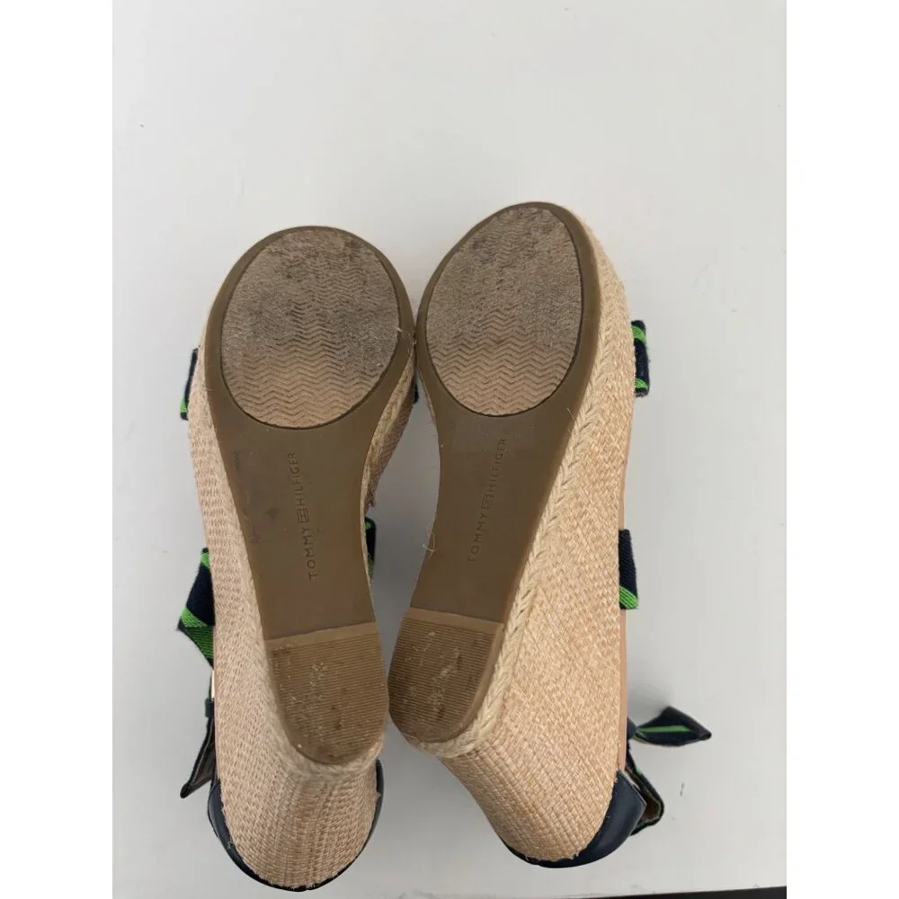 Tommy Hilfiger Sandals 10 Wedge Navy Green Striped Espadrille Preppy Nautical - Picture 11 of 16